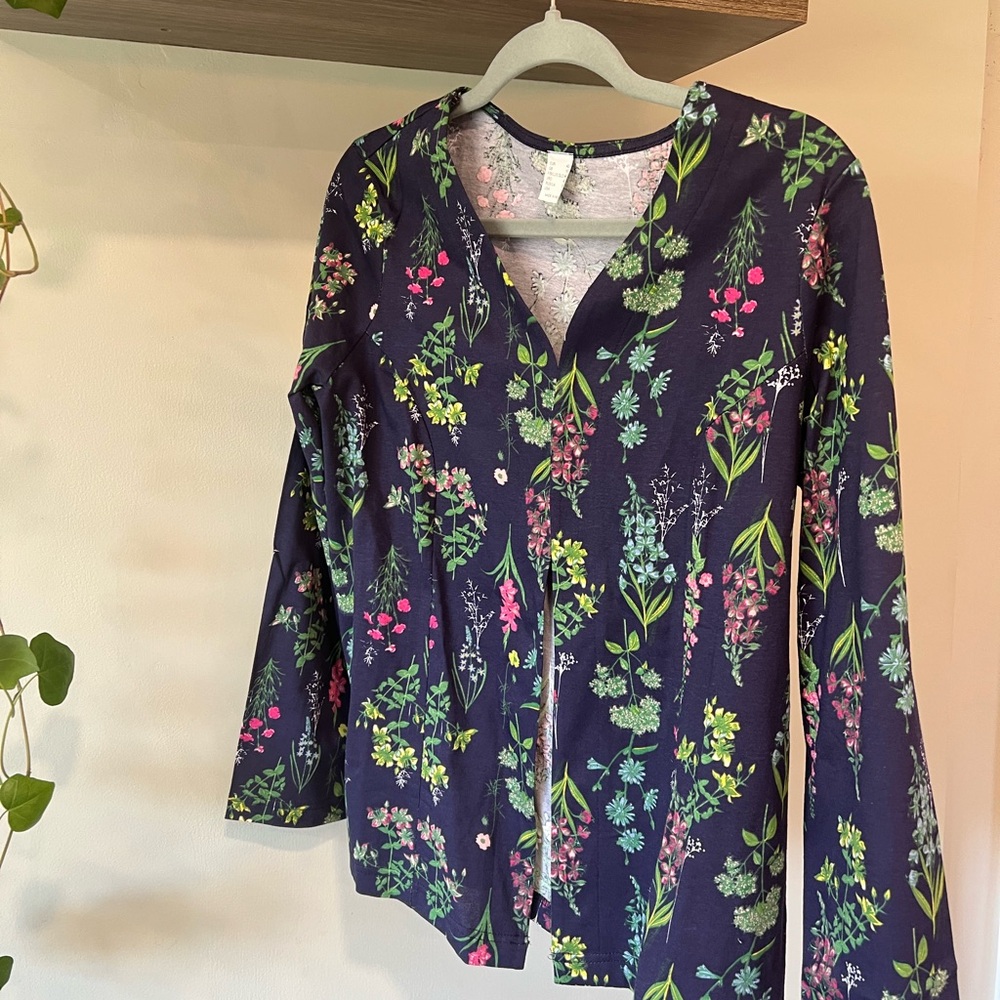 Blue and Purple Buttoned Blouse with Mandarin Collar